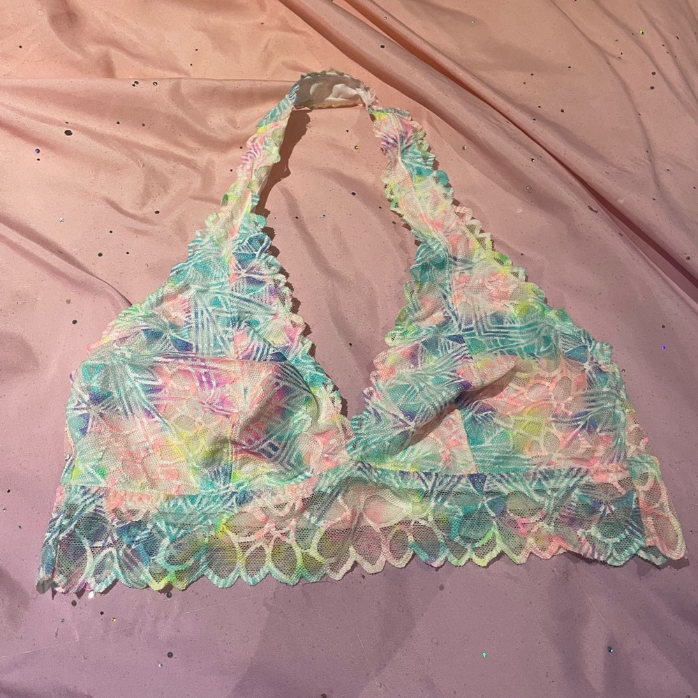 VICTORIA’S SECRET PINK WATERCOLOR LACE HALTER BRALETTE SIZE LARGE A-C